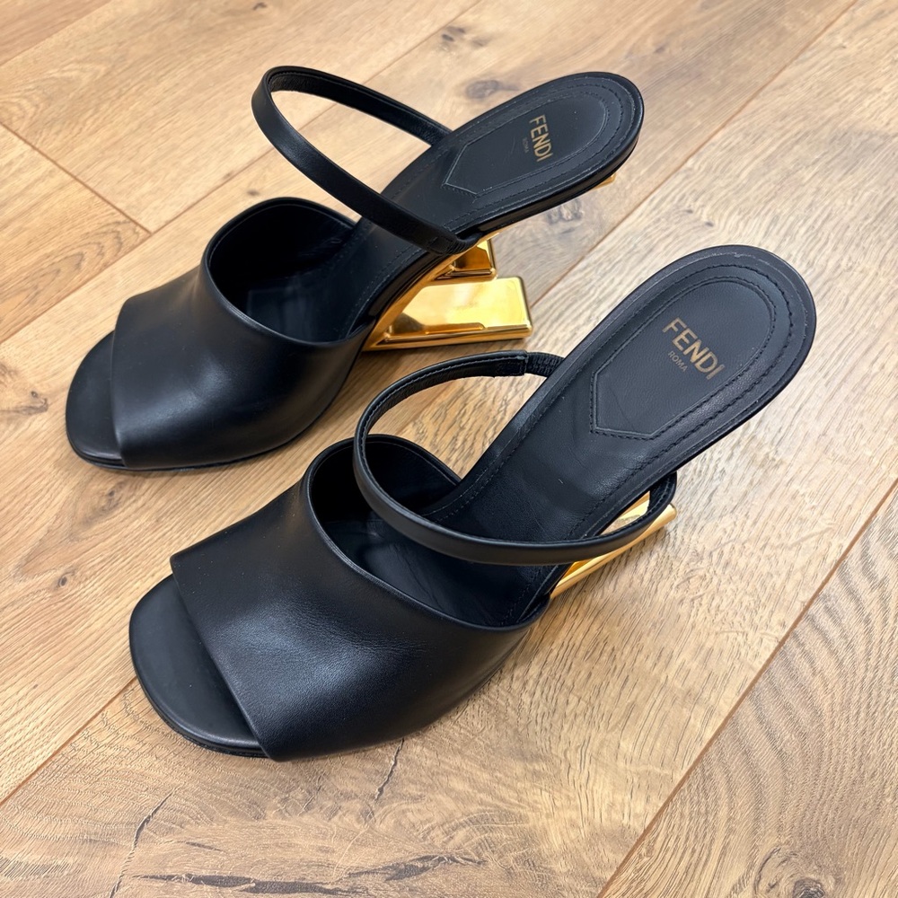 FENDI First sandals with open F frame gold metal heels - Size 38 / US 8 - Picture 4 of 10